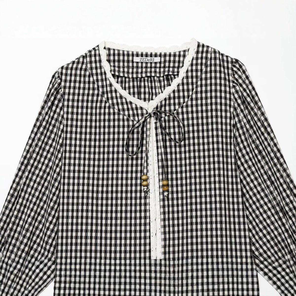 Ladies Vichy Check Blouse with Lace Trim, Tie Band and Three-Quarter Balloon Sleeves Fashion Glam