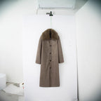 Ladies Long Glencheck Coat with Voluminous Faux Fur Collar and Straight Cut Fashion Glam