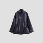 Women's Oversized Jacket in Leather Look with Stand-up Collar and Waist Drawstring Fashion Glam
