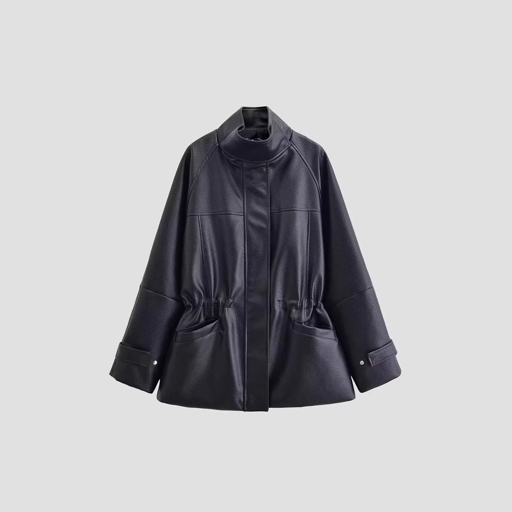 Women's Oversized Faux Leather Jacket with Stand Collar, Waist Drawstring and Patch Pockets Fashion Glam