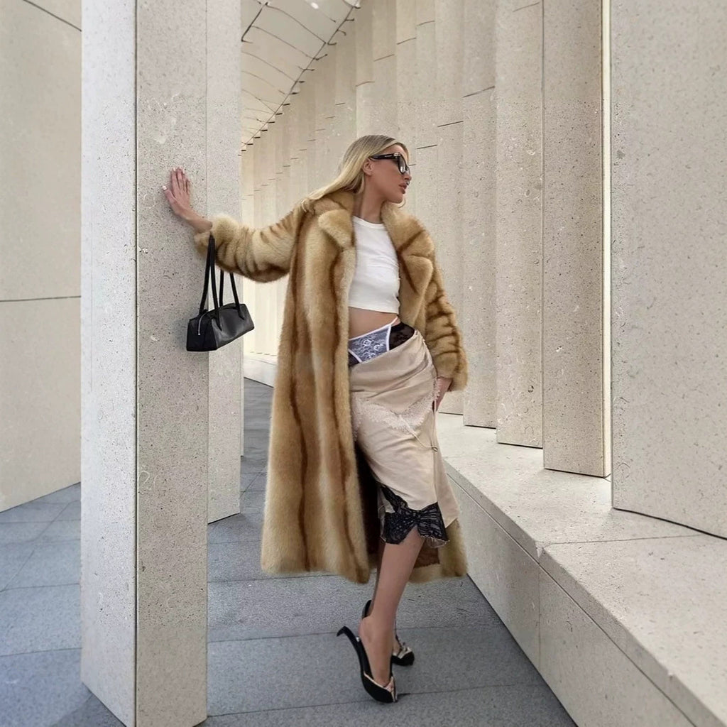 Women’s longer luxurious fur coat with wide lapels and concealed button placket Fashion Glam