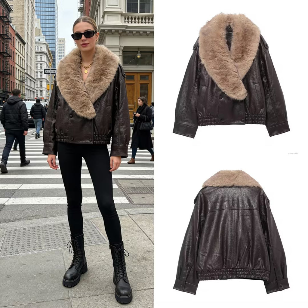 Women's Cropped Leather Jacket with voluminous Fur Collar and Waist Smock Fashion Glam
