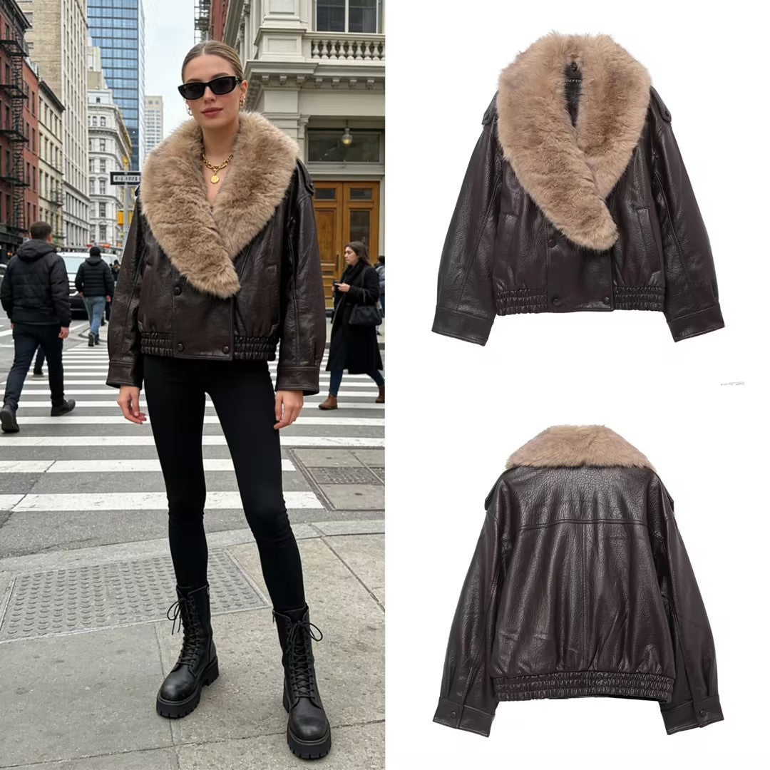 Women's Cropped Leather Jacket with voluminous Fur Collar and Waist Smock Fashion Glam