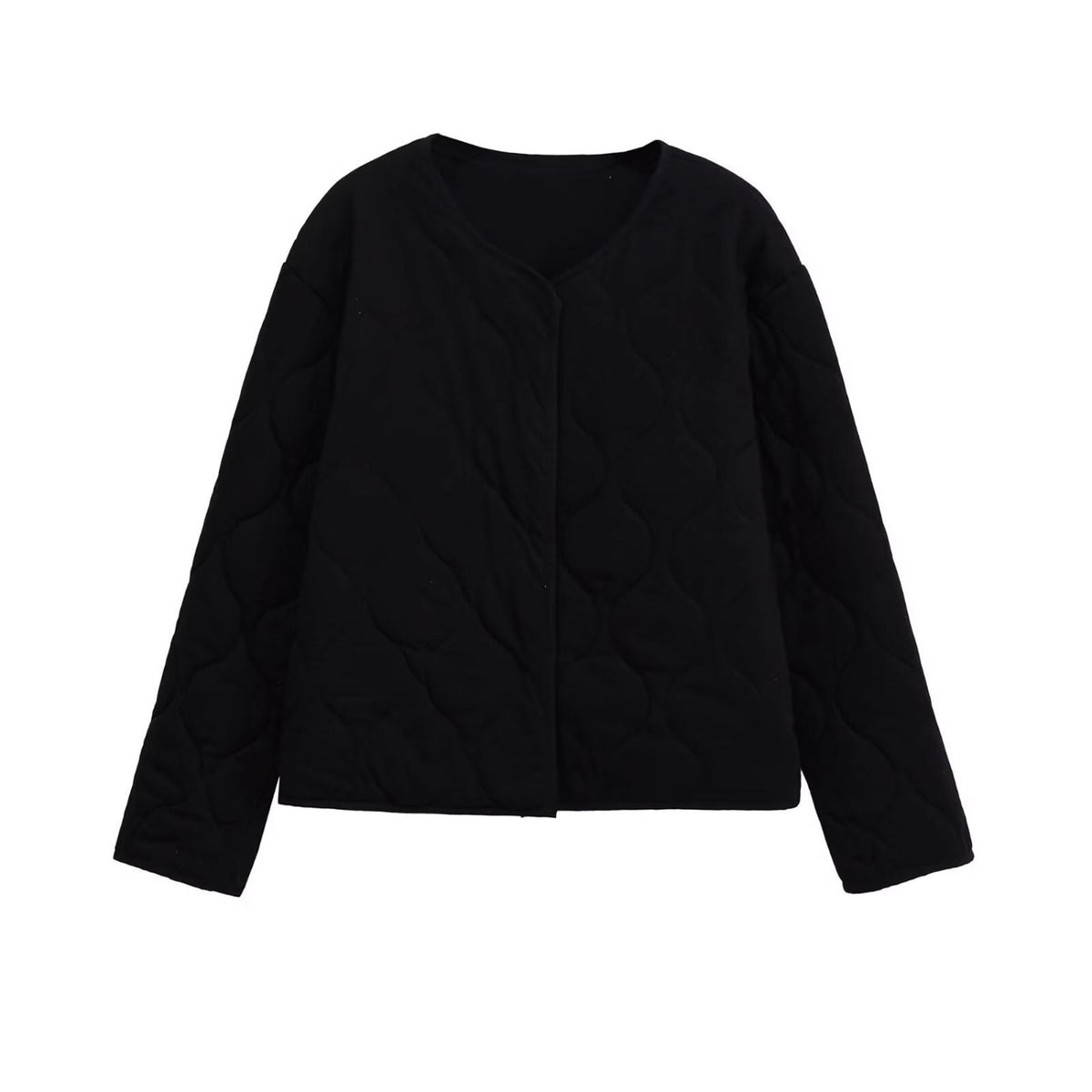 Ladies Quilted Short Jacket in Oversized Cut with Round Neck and Wave Stitching Fashion Glam