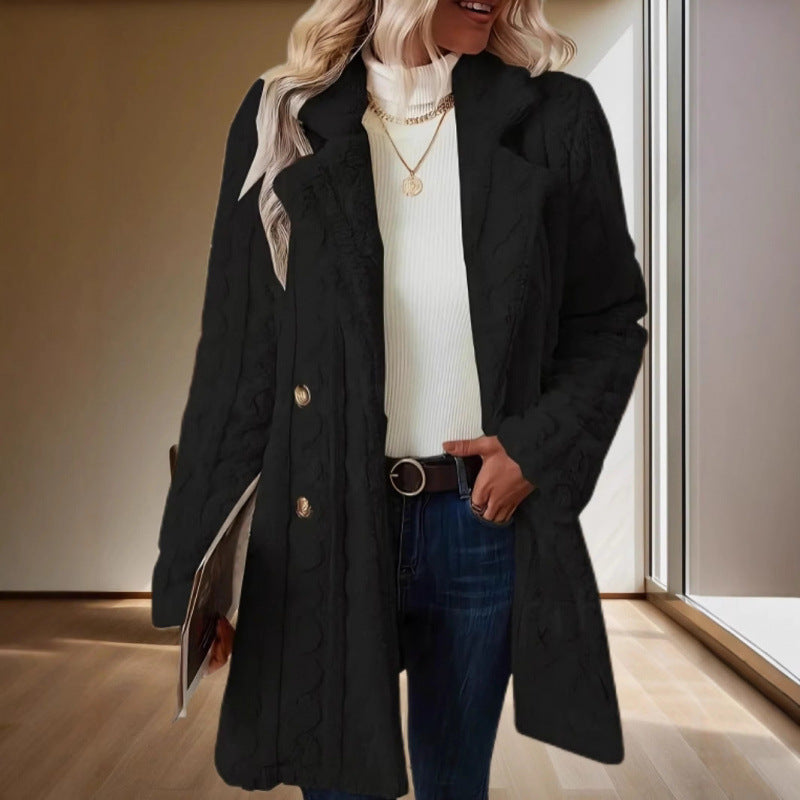 Women's Mid-Length Teddy Coat with Cable Knit Pattern, Notched Collar and Double-Breasted Front Fashion Glam