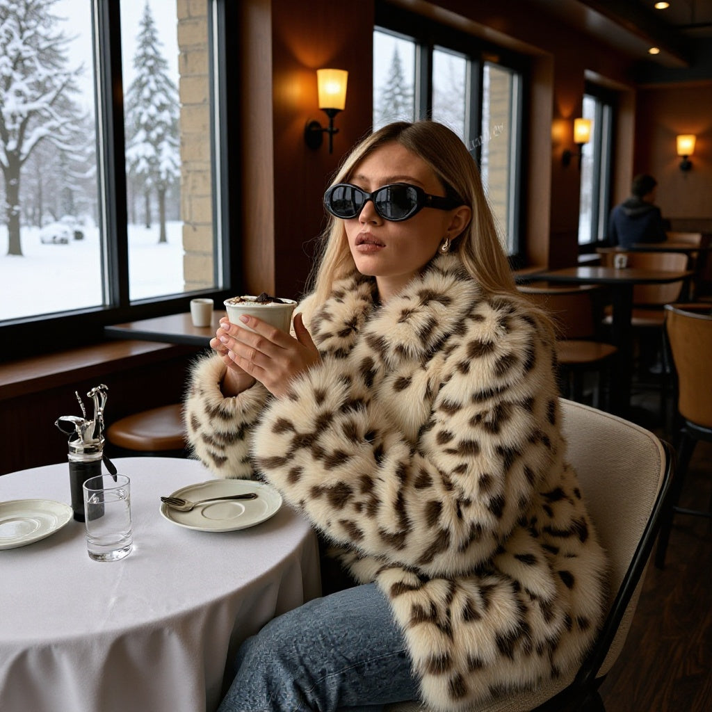 Women Padded Faux Fur Coat with Leopard Print, Oversized Silhouette and Stand-Up Collar Fashion Glam