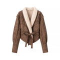 Ladies Padded Short Jacket in Aviator Look with Teddy Lining and Waist Belt Fashion Glam