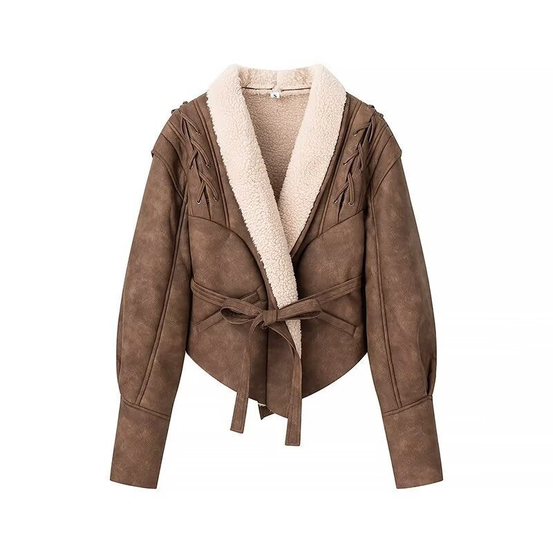 Ladies Padded Short Jacket in Aviator Look with Teddy Lining and Waist Belt Fashion Glam