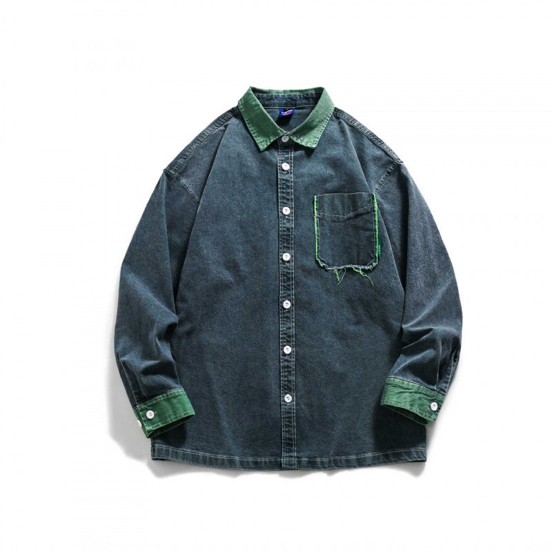 Men's Oversize Denim Shirt Jacket with Contrast Collar, Frayed Chest Pocket, and Casual Boxy Silhouette Fashion Glam