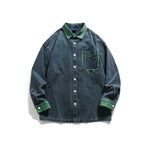 Men's Oversize Denim Shirt Jacket with Contrast Collar, Frayed Chest Pocket, and Casual Boxy Silhouette Fashion Glam