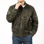 Men's Nylon Bomber Jacket Pilot Style with Multiple Pockets, Sleeve Utility Pocket and Ribbed Cuffs Fashion Glam