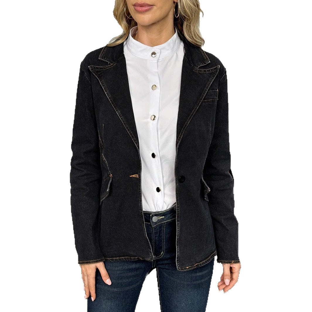 Women's tailored denim blazer with decorative seams and patch pockets Fashion Glam