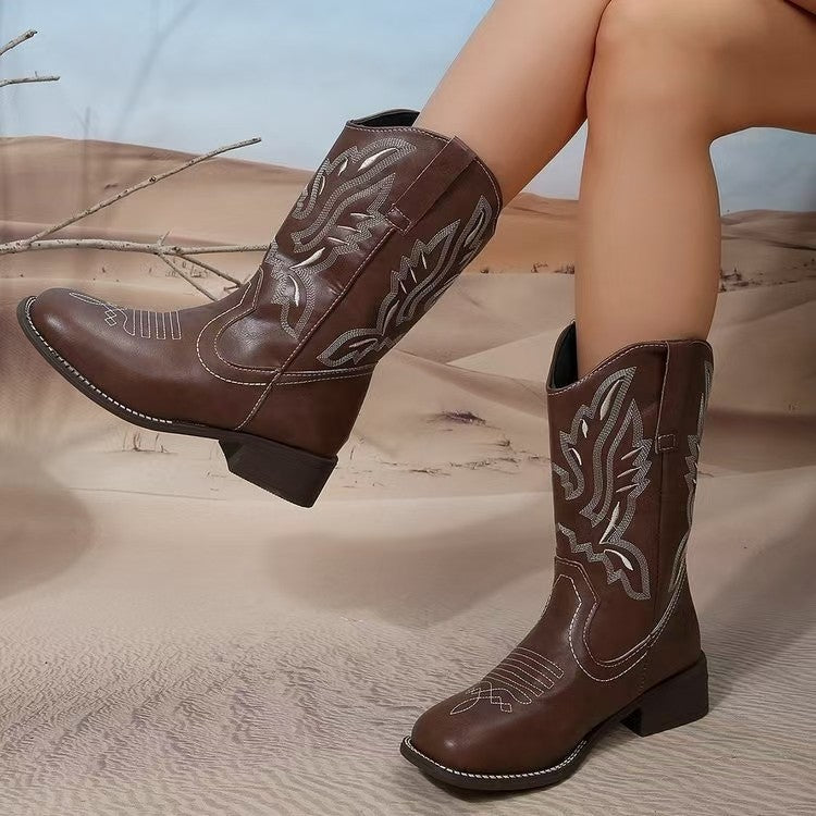 Ladies' Western cowboy boots with pointed toe, embroidered shaft, and medium block heel Fashion Glam