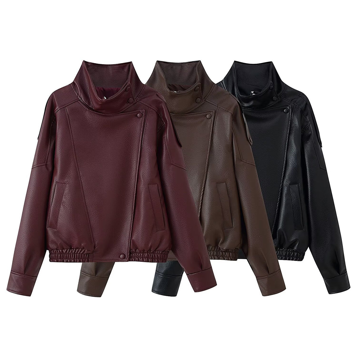 Women's Short Cut Faux Leather Bomber Jacket with High Stand Collar, Asymmetric Snap Button Placket and Elastic Hem Fashion Glam