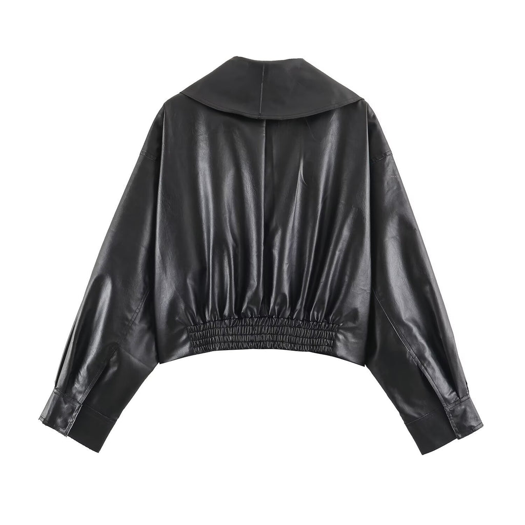 Women Short Oversized Faux Leather Jacket with Wide Shawl Collar and Belt Fashion Glam