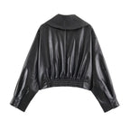 Women Short Oversized Faux Leather Jacket with Wide Shawl Collar and Belt Fashion Glam