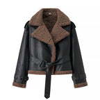 Women Short Sheepskin Imitation Flight Jacket with Waist Belt and Teddy Lining Fashion Glam