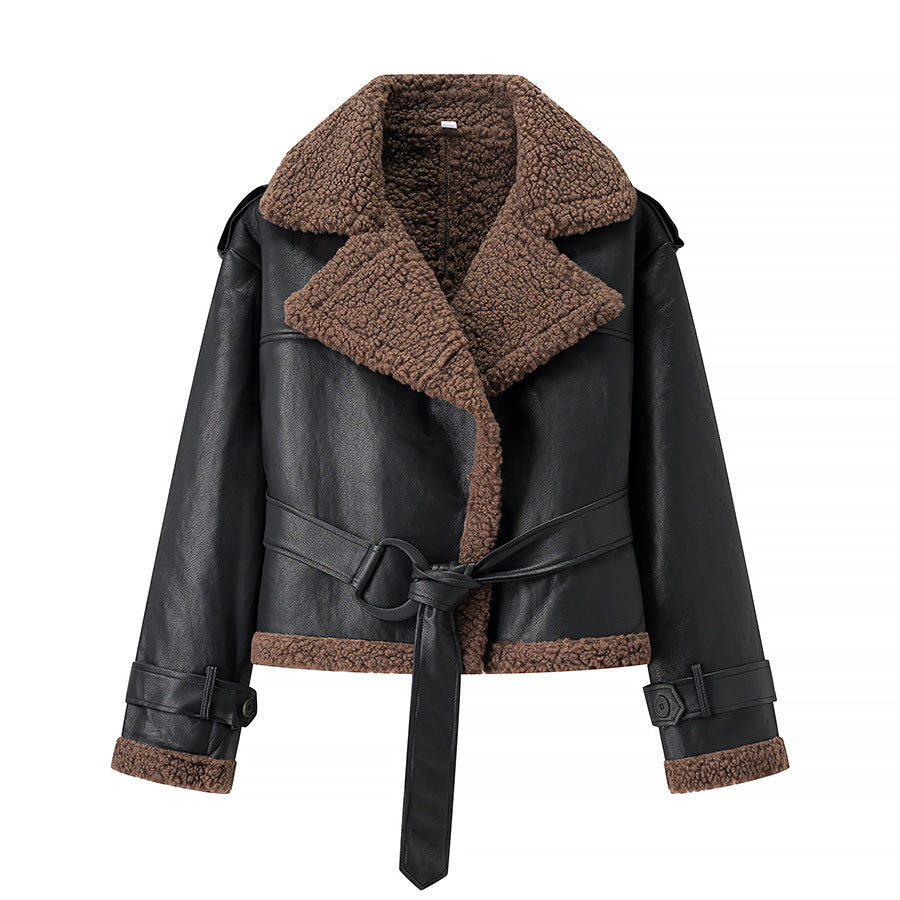 Women Short Sheepskin Imitation Flight Jacket with Waist Belt and Teddy Lining Fashion Glam