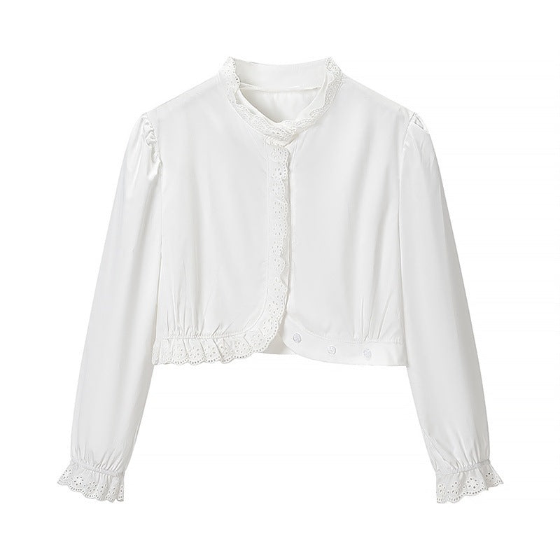 Women's Cropped Lace Bolero Blouse with Stand Collar and Eyelet Embroidery Fashion Glam