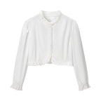 Women's Cropped Lace Bolero Blouse with Stand Collar and Eyelet Embroidery Fashion Glam
