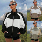 Women’s Lightweight Windbreaker Jacket with High Stand Collar and Colorblock Design Fashion Glam