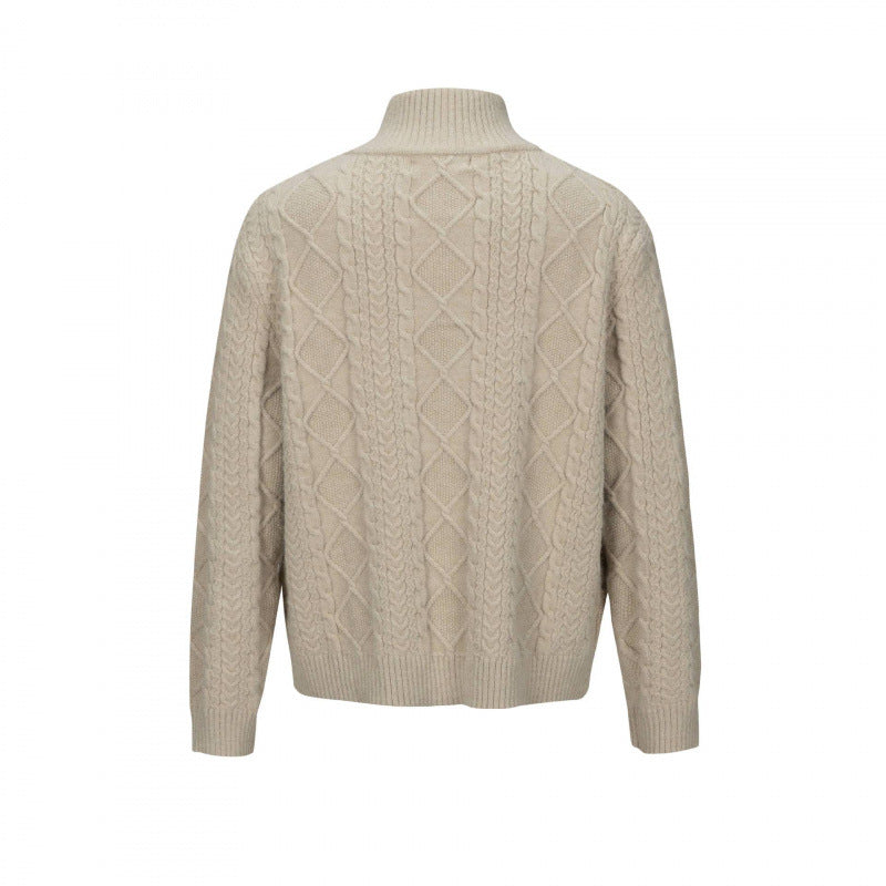 Men's Cable Knit Cardigan with Full Zip and High Ribbed Collar Fashion Glam