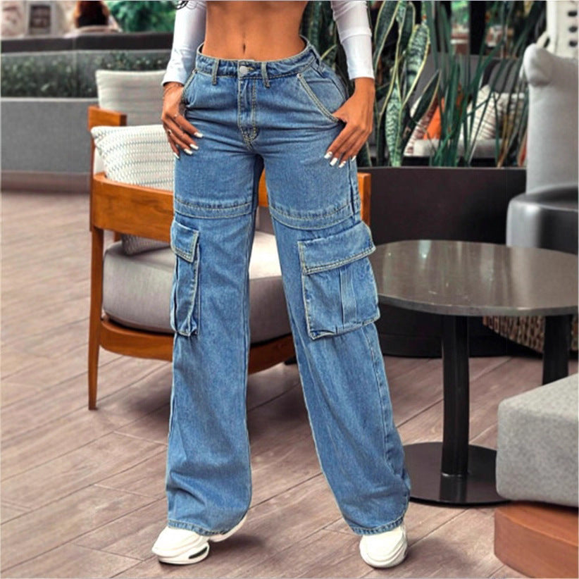 Women's casual cargo denim baggy trousers with extra-large flap pockets and straight leg Fashion Glam