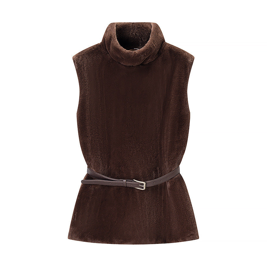Women Short Sleeveless Faux Fur Vest with High Collar and Waist Belt Fashion Glam