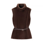 Women Short Sleeveless Faux Fur Vest with High Collar and Waist Belt Fashion Glam