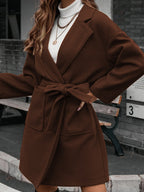 Ladies wrap coat with tie belt, large flap pocket and lapel collar Fashion Glam