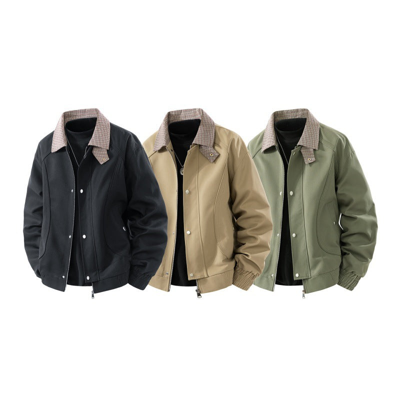 Men's Light Canvas Blouson with Check Collar, Zipper and Snap Button Placket Fashion Glam