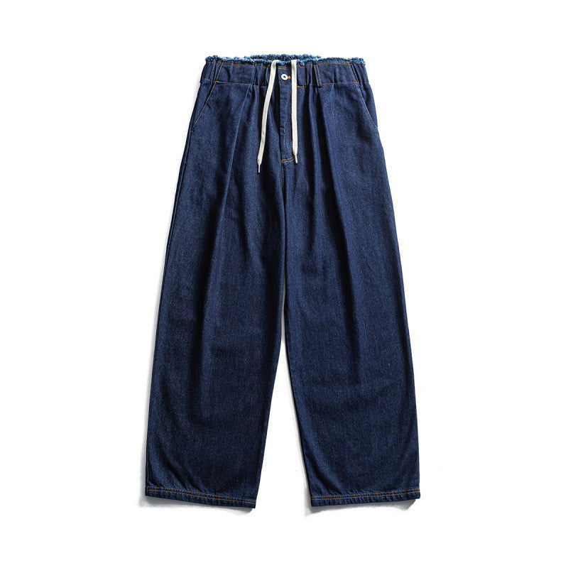 Unisex Wide Denim Pants with Elastic Waistband, Drawstring and Pleated Fashion Glam