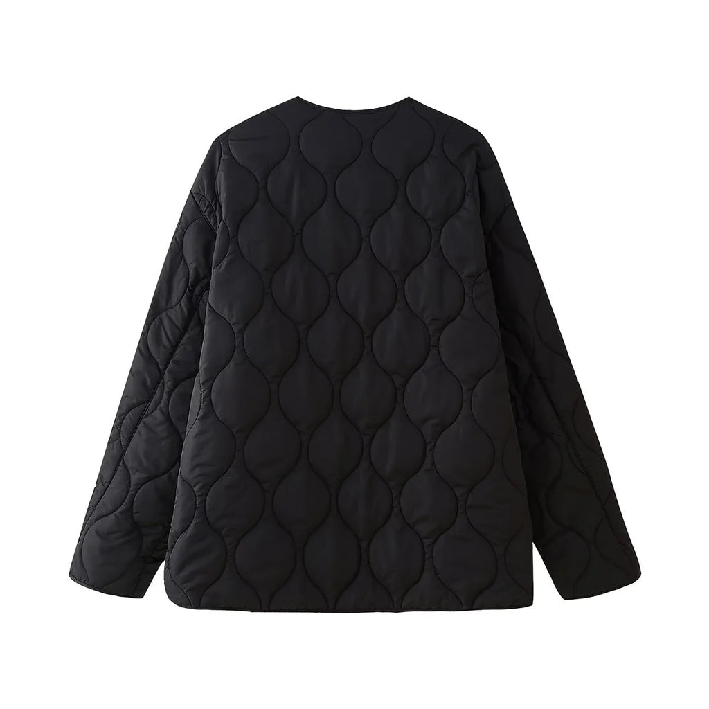 Women geometric quilted oversized liner jacket without collar Fashion Glam
