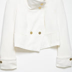 Women's Cropped Blazer with High Stand Collar, Double-Breasted Button Placket and Decorative Cuffs Fashion Glam