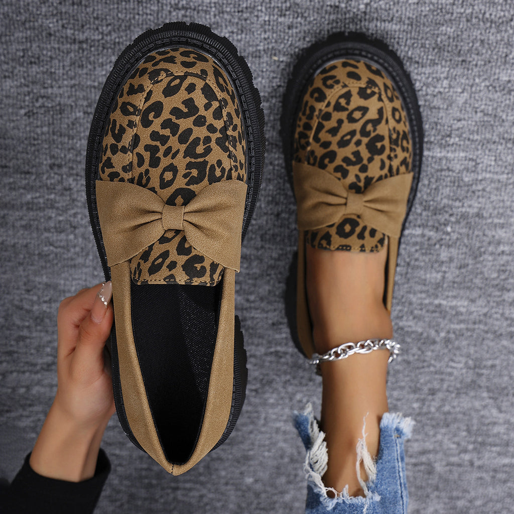 Women's Chunky Loafer with Decorative Knot Bow and Leopard Tip Fashion Glam