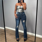 Women's Shaping High-Waist Bootcut Jeans with Triple Button Placket and Subtle Destroyed Look Fashion Glam