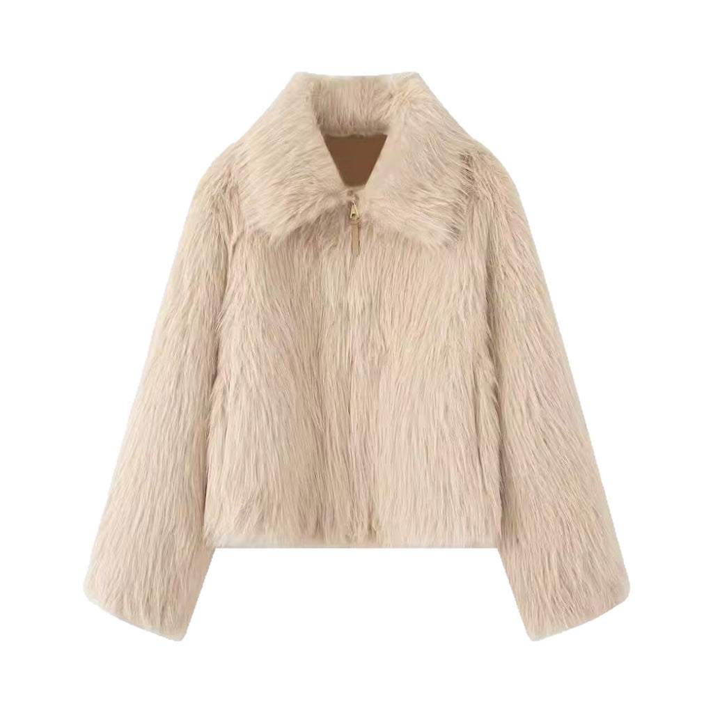 Women Short Faux Fur Cropped Jacket with Voluminous Shawl Collar and Front Zipper Fashion Glam