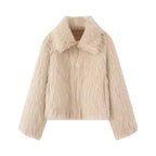 Women Short Faux Fur Cropped Jacket with Voluminous Shawl Collar and Front Zipper Fashion Glam
