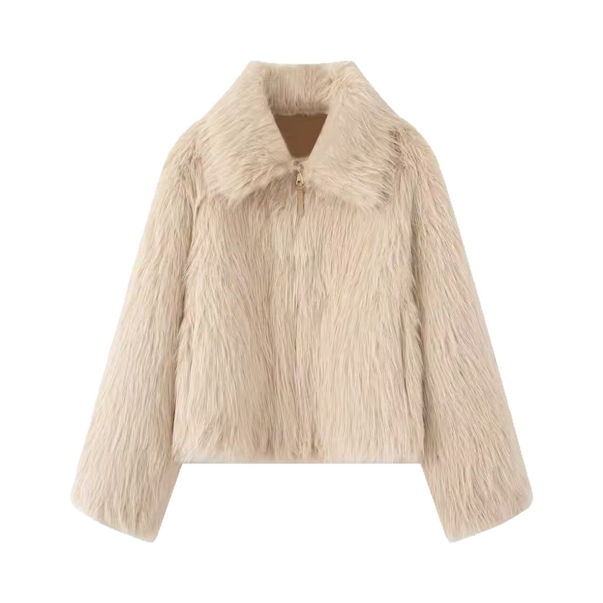Women Short Faux Fur Cropped Jacket with Voluminous Shawl Collar and Front Zipper Fashion Glam