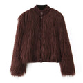 Women Short Cut Shaggy Faux Fur Cardigan with Ribbed Collar and Button Placket Fashion Glam