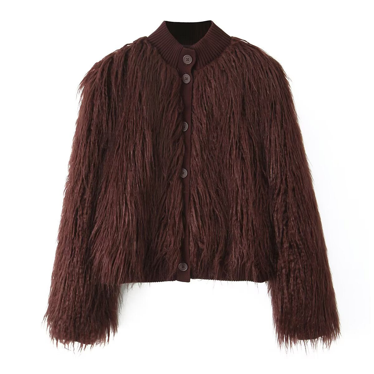 Women Short Cut Shaggy Faux Fur Cardigan with Ribbed Collar and Button Placket Fashion Glam