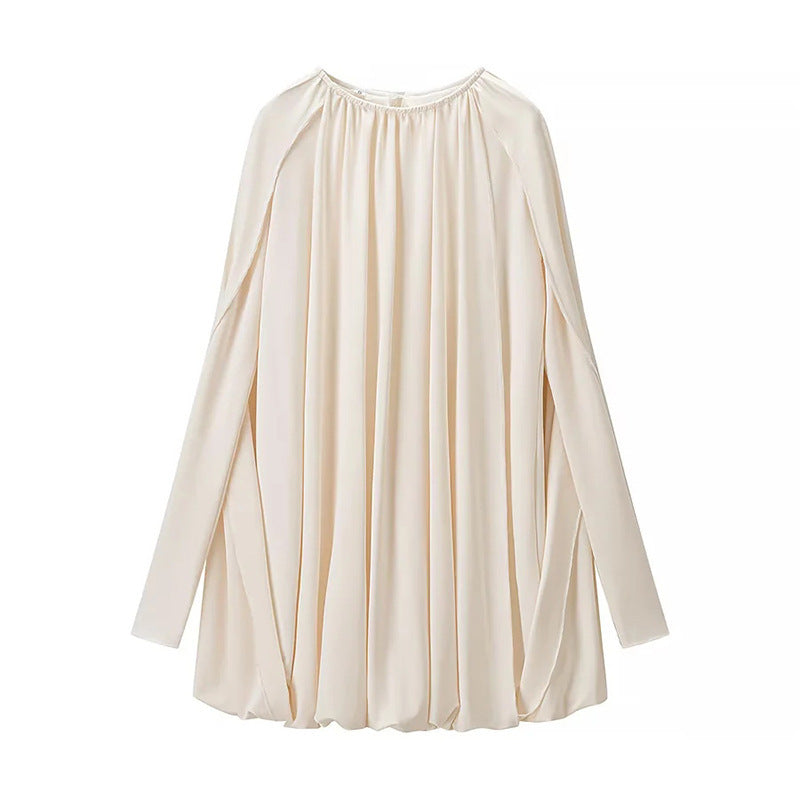 Women Pleated Cape Mini Dress with Round Neckline and Wide Cape Sleeves Fashion Glam
