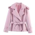 Women's short trench coat with double-breasted button placket, waist belt, and shoulder straps Fashion Glam