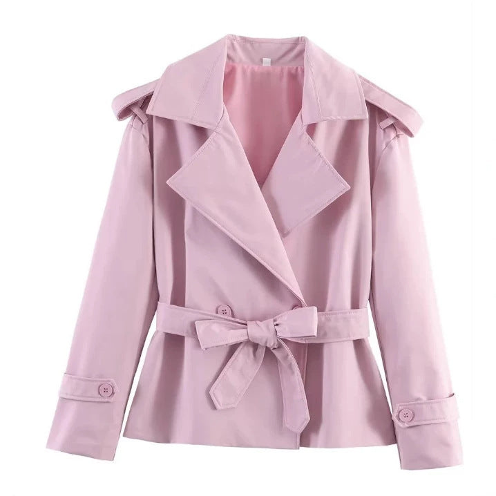 Women's short trench coat with double-breasted button placket, waist belt, and shoulder straps Fashion Glam