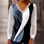 Women's V-neck blouse with abstract graphic print and lace sleeves Fashion Glam