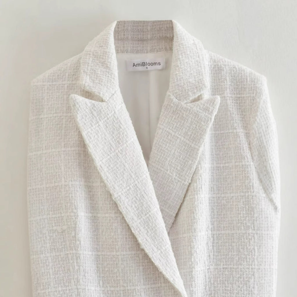 Women's Double-Breasted Boucle Tweed Blazer with Shawl Collar and Flap Pockets Fashion Glam