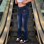 Women's High-Waisted Stretch Jeans with Light Flare and Decorative Pockets Fashion Glam