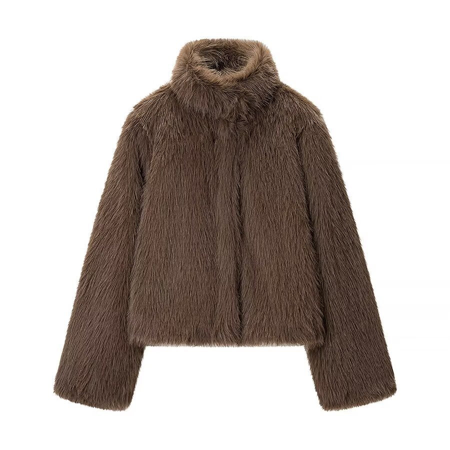 Ladies short jacket made of voluminous faux fur with high collar and boxy silhouette Fashion Glam