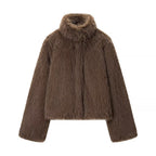 Ladies short jacket made of voluminous faux fur with high collar and boxy silhouette Fashion Glam