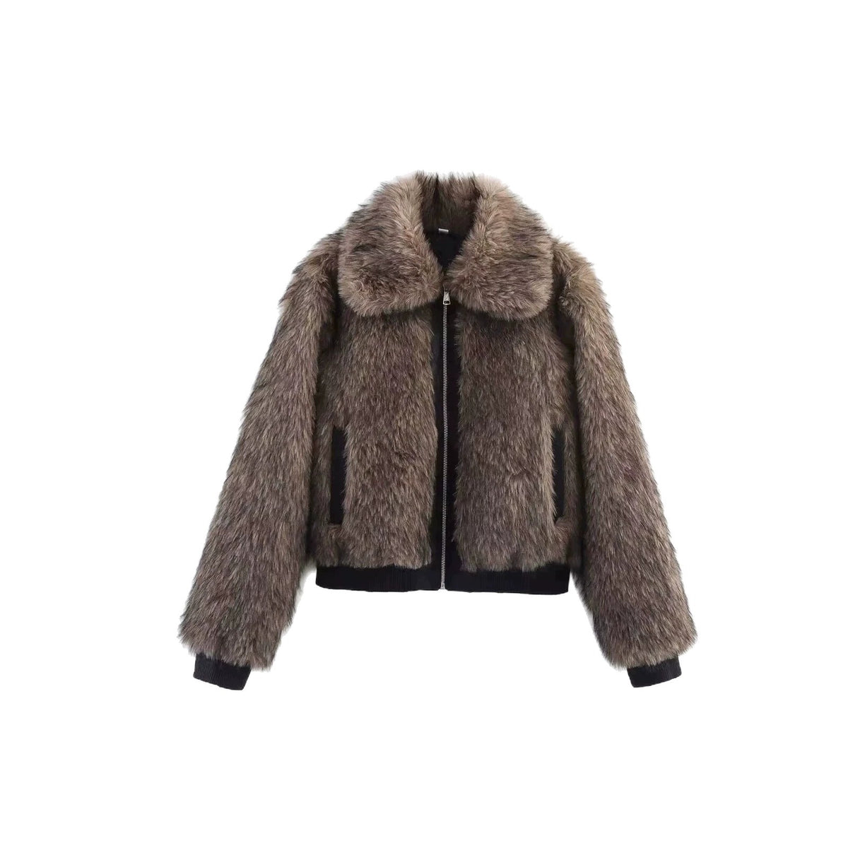 Women's Short Faux Fur Bomber Jacket with Voluminous Shawl Collar and Zipper Fashion Glam